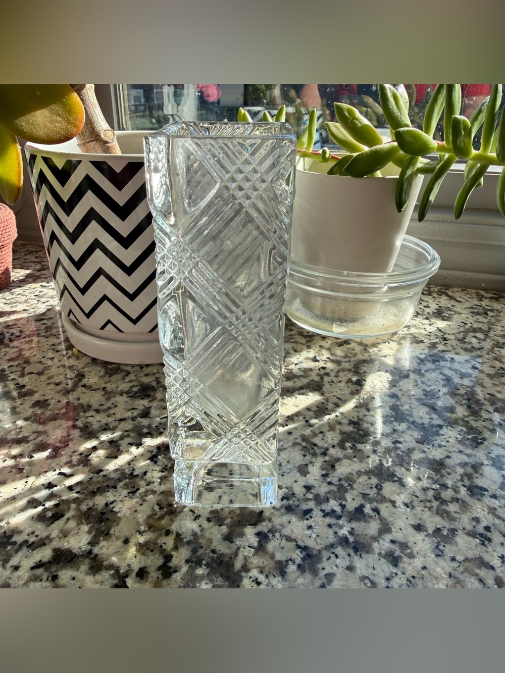Vintage Avon 1980 Fostoria Clear Glass Square Bud Vase Criss Cross Pattern 6"